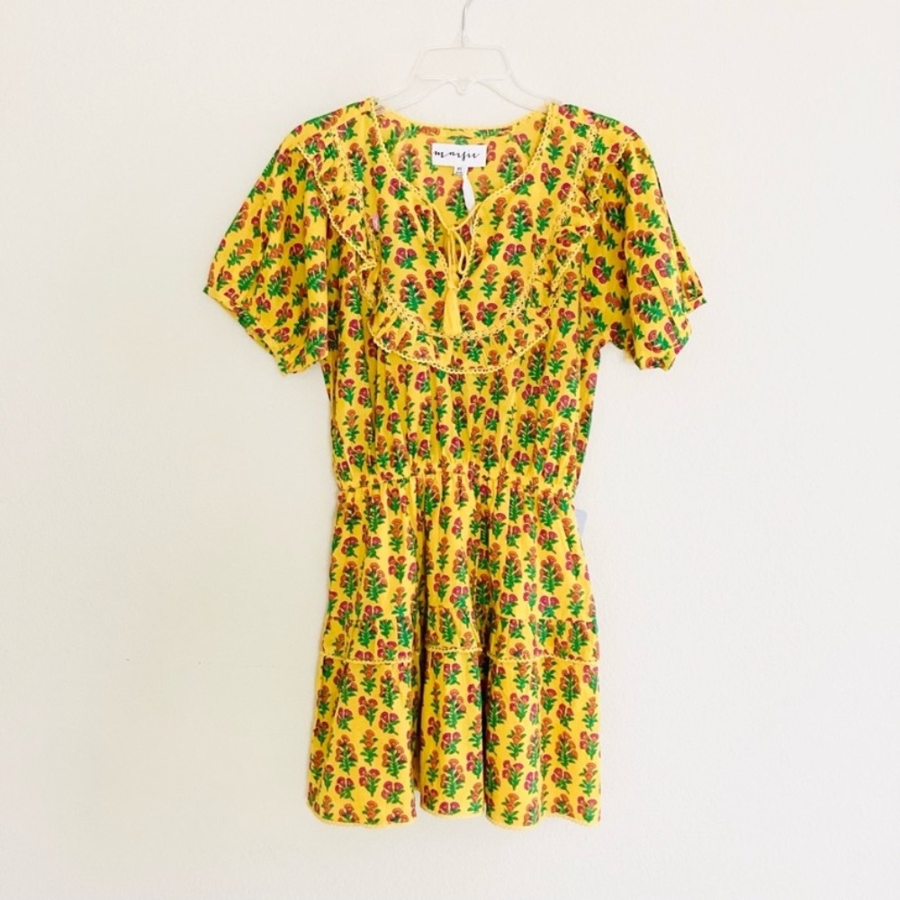 Maisie Yellow Cotton Floral Short Sleeve Mini Dress SZ XS